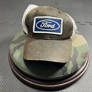 Ford Trucker Hat Distressed Mesh Back Snapback Cap Adjustable Brown & White